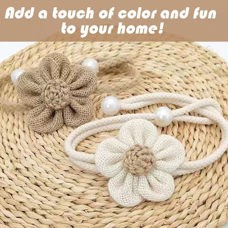 SRG 4pcs Handmade Pearl Curtain Tiebacks Boho Flower Curtain Holdbacks with Buckle Pins Simple Elegant Sunflower Rope Curtain Boho Bedroom Decor（Large Cream&Khaki） - Image 5